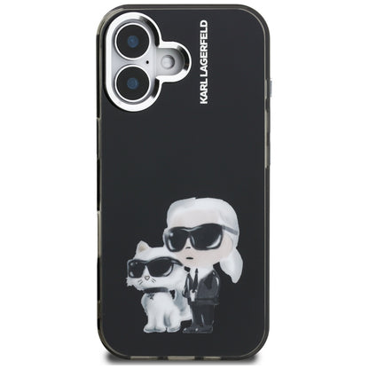 Hülle für Apple iPhone 16, Karl Lagerfeld, IML Aquarelle Logo Karl & Choupette, Schwarz