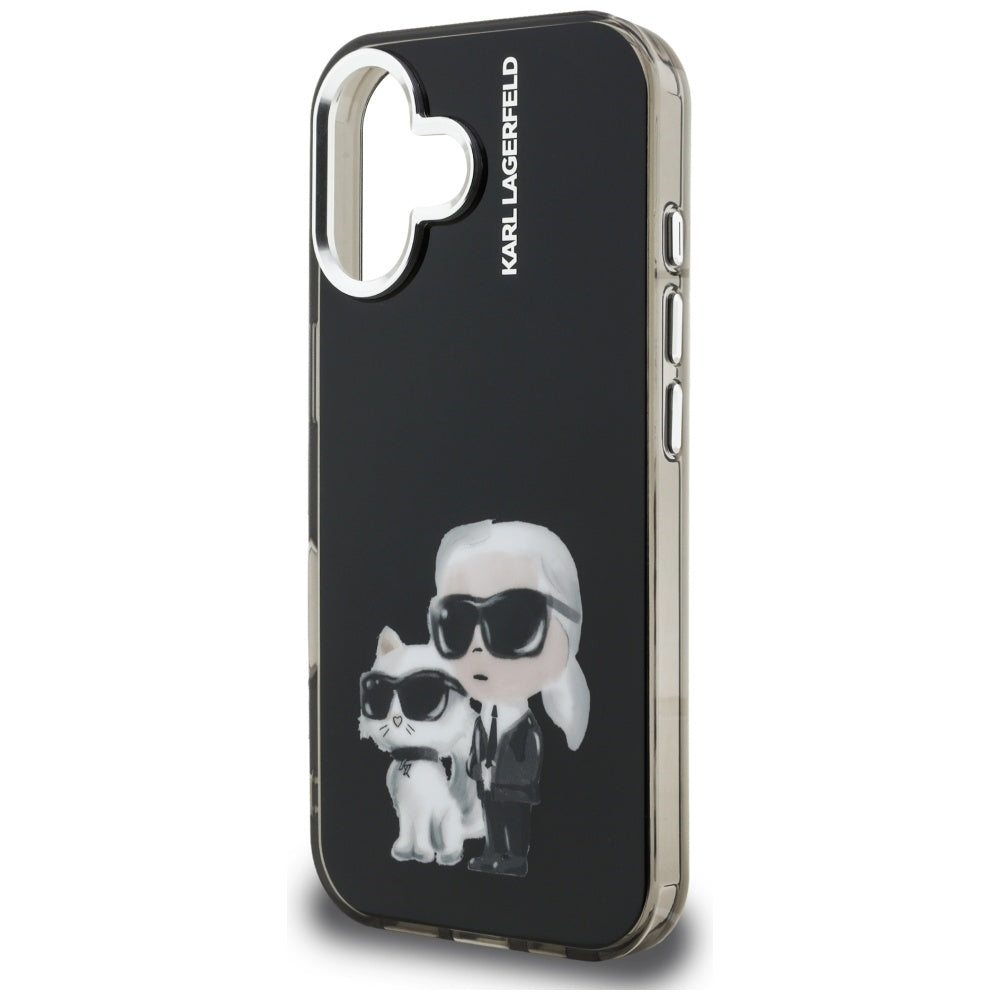 Hülle für Apple iPhone 16, Karl Lagerfeld, IML Aquarelle Logo Karl & Choupette, Schwarz