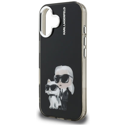 Hülle für Apple iPhone 16, Karl Lagerfeld, IML Aquarelle Logo Karl & Choupette, Schwarz