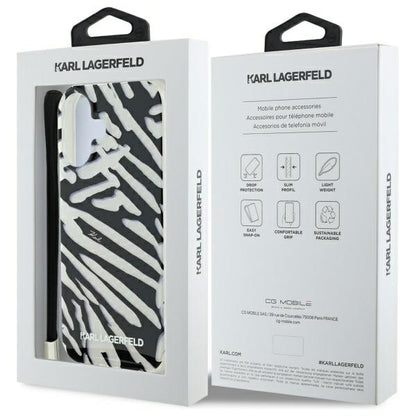 Hülle für Apple iPhone 16, Karl Lagerfeld, IML Luxury Zebra Muster mit Trageriemen, Schwarz