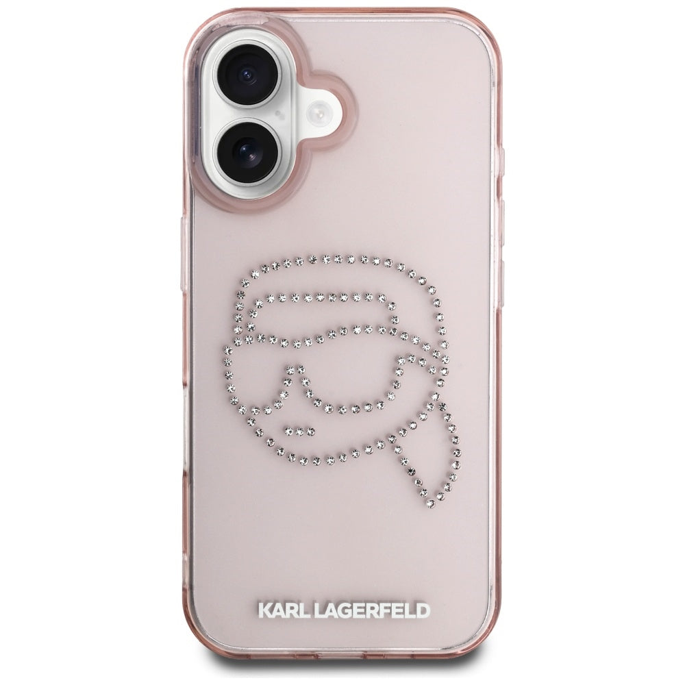 Hülle für Apple iPhone 16, Karl Lagerfeld, IML Rhinestones Karl's Head, Rosa