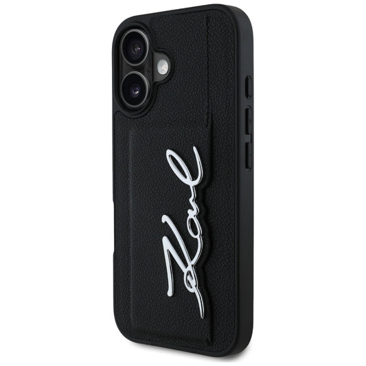 Hülle für Apple iPhone 16, Karl Lagerfeld, Metal Signature, Schwarz