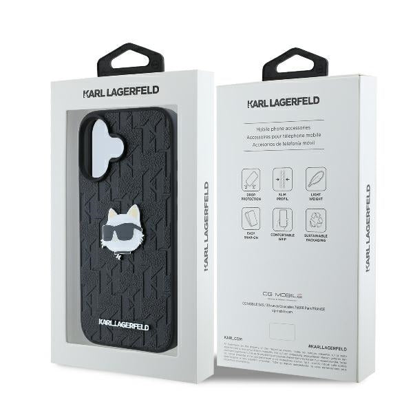 Hülle für Apple iPhone 16, Karl Lagerfeld, Monogram Choupette's Head, Schwarz