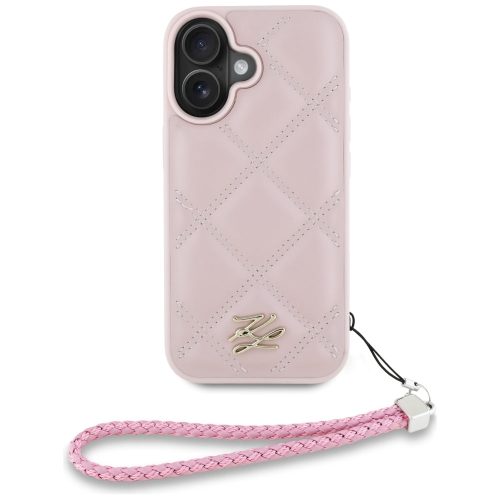 Case for Apple iPhone 16, Karl Lagerfeld, Quilted Initial Logo & Chain Strap, Pink