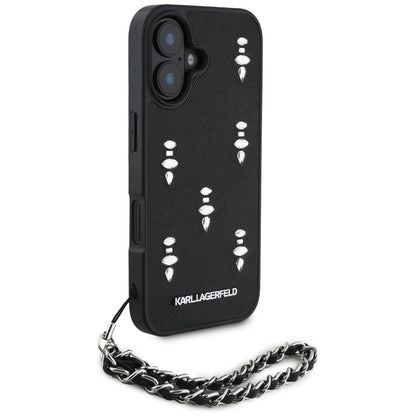 Hülle für Apple iPhone 16, Karl Lagerfeld, Saffiano Crystals & Charm, Schwarz
