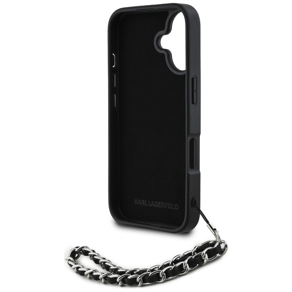 Hülle für Apple iPhone 16, Karl Lagerfeld, Saffiano Crystals & Charm, Schwarz