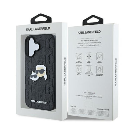 Case for Apple iPhone 16 Plus, Karl Lagerfeld, Monogram Karl & Choupette's Heads, Black