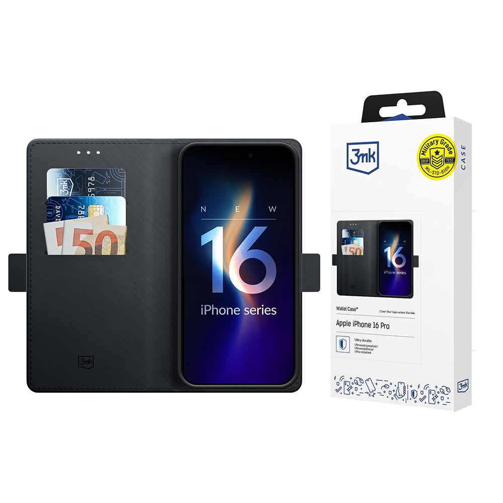 Hülle für Apple iPhone 16 Pro, 3MK, Wallet, Schwarz