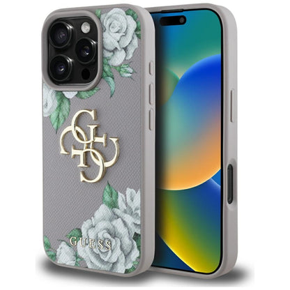 Hülle für Apple iPhone 16 Pro, Guess, 4G Grained Roses Big Logo, Lila