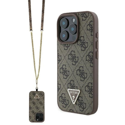 Hülle für Apple iPhone 16 Pro, Guess, Crossbody 4G Triangle Strass, Braun