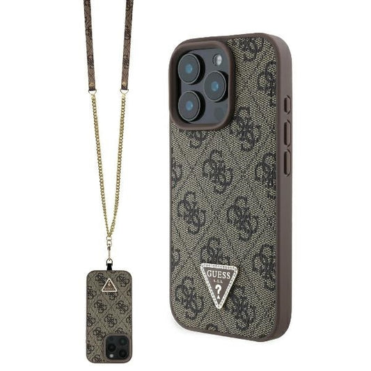 Hülle für Apple iPhone 16 Pro, Guess, Crossbody 4G Triangle Strass, Braun