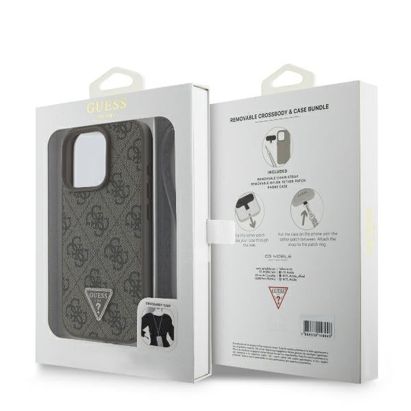 Hülle für Apple iPhone 16 Pro, Guess, Crossbody 4G Triangle Strass, Braun