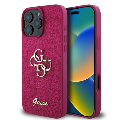 Hülle für Apple iPhone 16 Pro, Guess, Glitter Big 4G Script, Magenta