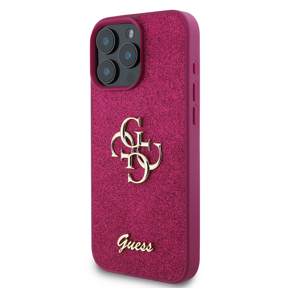Hülle für Apple iPhone 16 Pro, Guess, Glitter Big 4G Script, Magenta