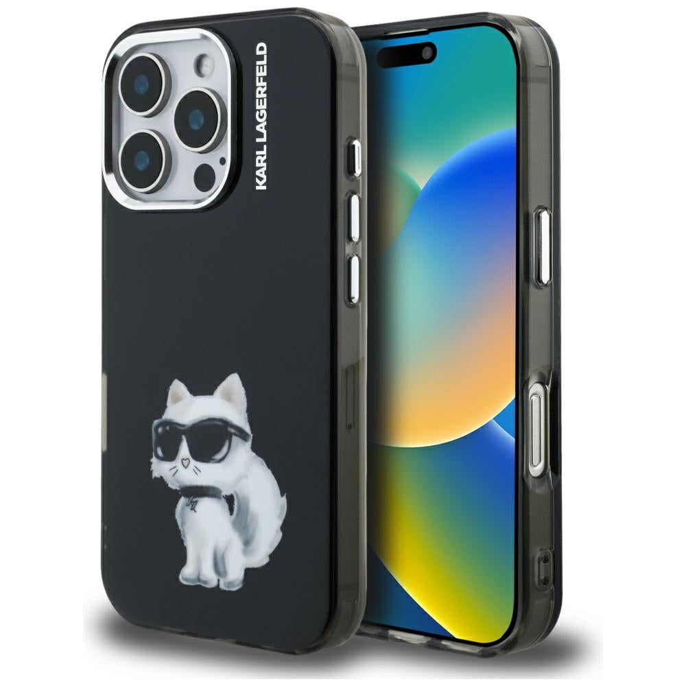 Hülle für Apple iPhone 16 Pro, Karl Lagerfeld, IML Aquarelle Logo Choupette, Schwarz