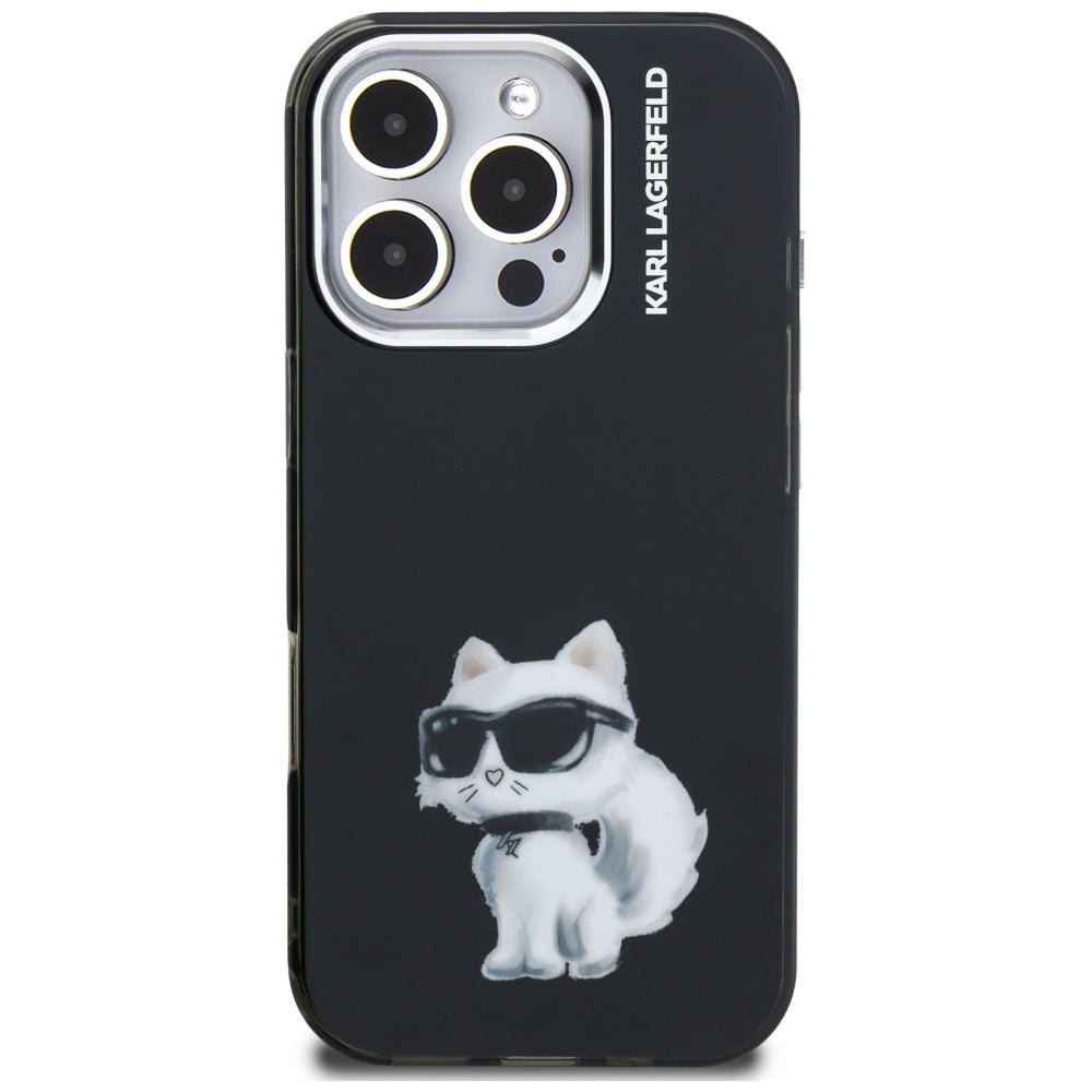 Hülle für Apple iPhone 16 Pro, Karl Lagerfeld, IML Aquarelle Logo Choupette, Schwarz