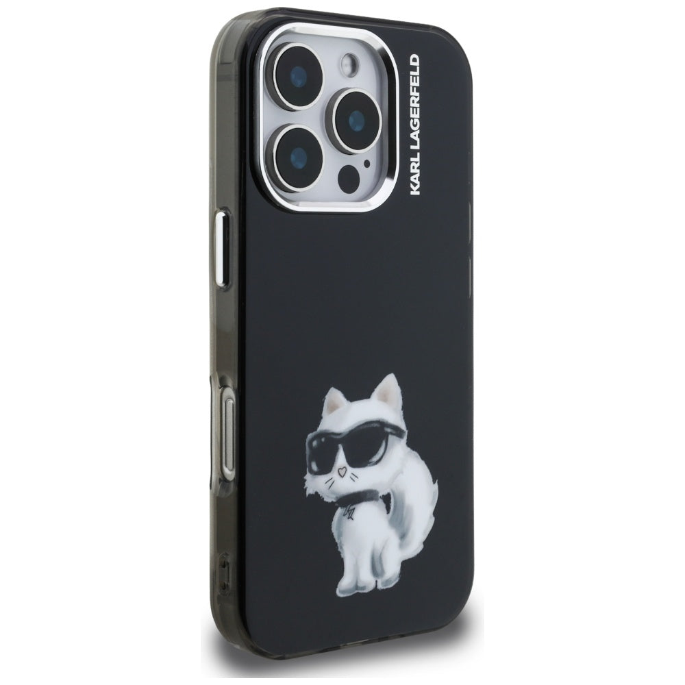 Hülle für Apple iPhone 16 Pro, Karl Lagerfeld, IML Aquarelle Logo Choupette, Schwarz