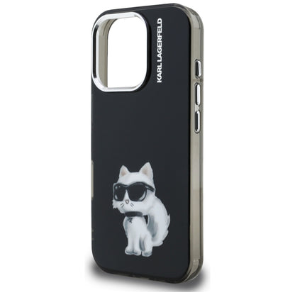Hülle für Apple iPhone 16 Pro, Karl Lagerfeld, IML Aquarelle Logo Choupette, Schwarz