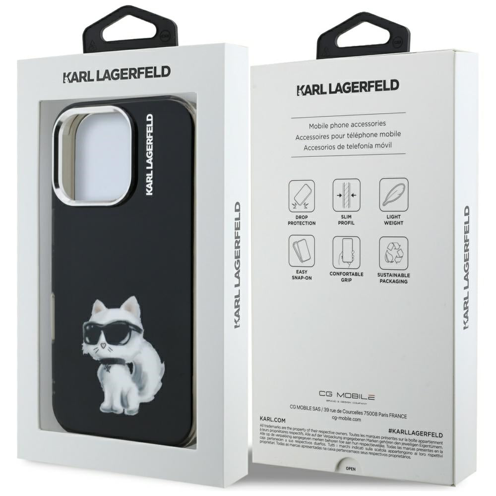 Hülle für Apple iPhone 16 Pro, Karl Lagerfeld, IML Aquarelle Logo Choupette, Schwarz