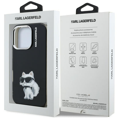 Hülle für Apple iPhone 16 Pro, Karl Lagerfeld, IML Aquarelle Logo Choupette, Schwarz