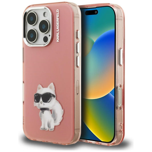 Hülle für Apple iPhone 16 Pro, Karl Lagerfeld, IML Aquarelle Logo Choupette, Rosa