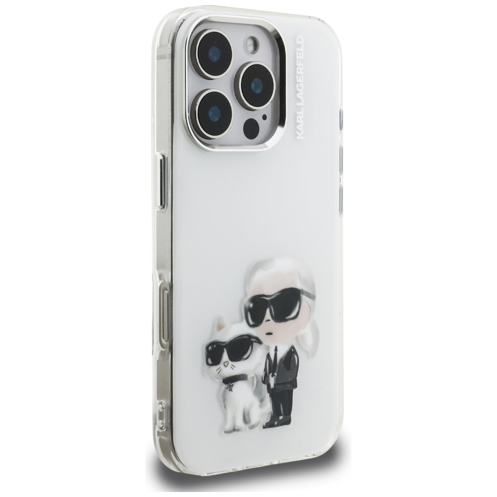 Hülle für Apple iPhone 16 Pro, Karl Lagerfeld, IML Aquarelle Logo Karl & Choupette, Weiß