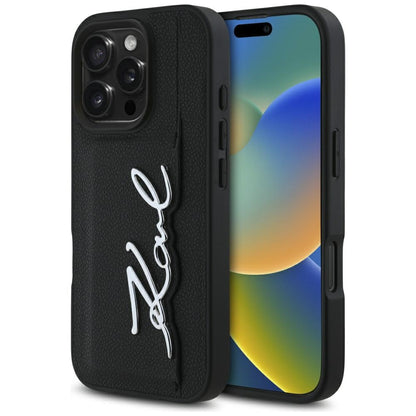 Hülle für Apple iPhone 16 Pro, Karl Lagerfeld, Metal Signature, Schwarz