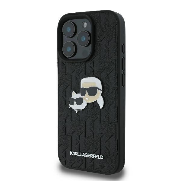 Hülle für Apple iPhone 16 Pro, Karl Lagerfeld, Monogramm Karl & Choupette's Köpfe, Schwarz