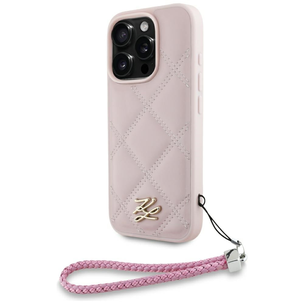 Hülle für Apple iPhone 16 Pro, Karl Lagerfeld, Quilted Initial Logo & Chain Strap, Rosa