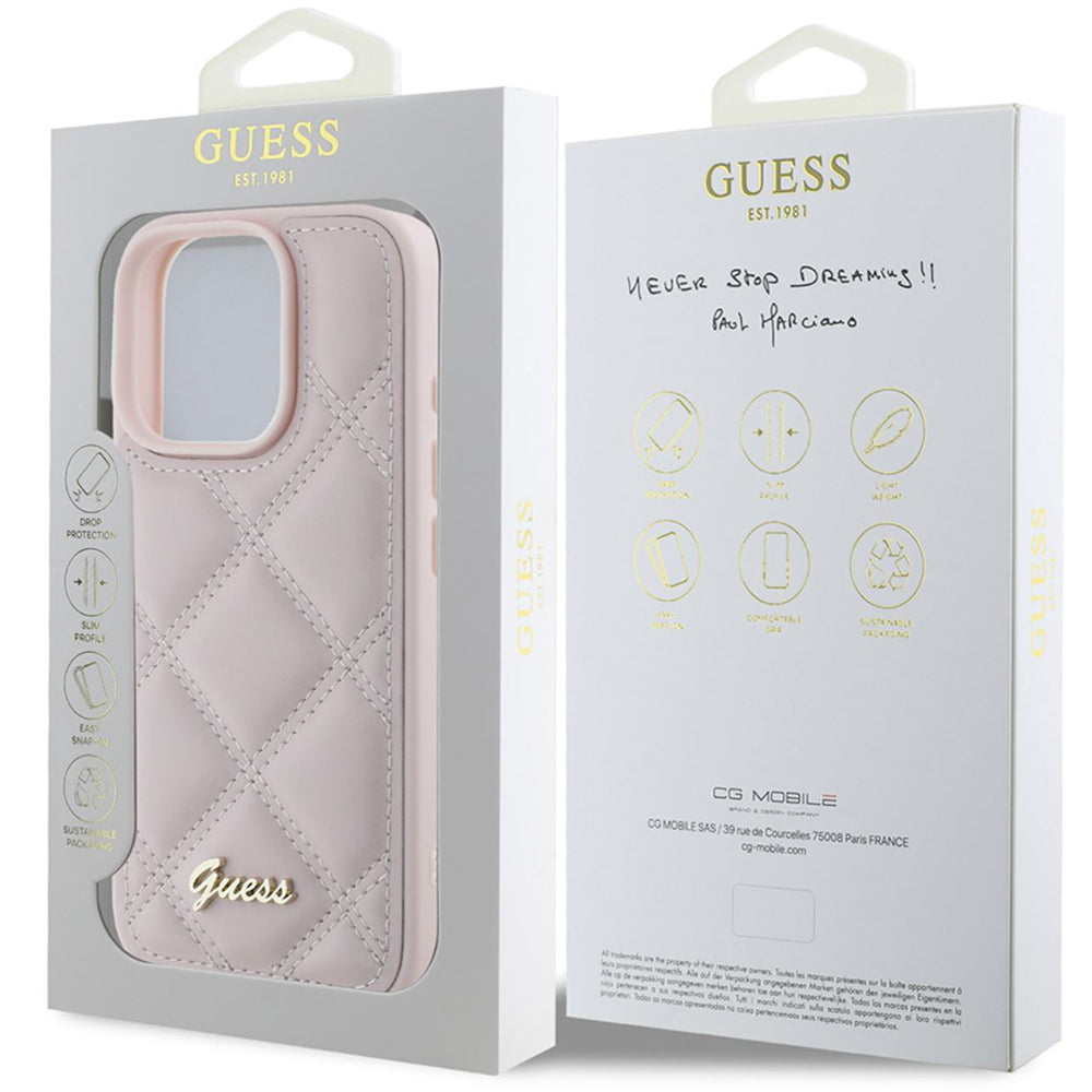 Hülle für Apple iPhone 16 Pro Max, Guess, Gestepptes Metall-Logo, Rosa