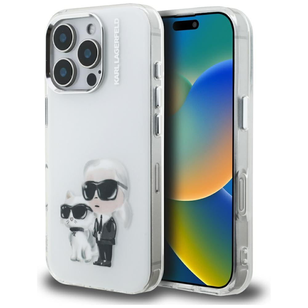 Hülle für Apple iPhone 16 Pro Max, Karl Lagerfeld, IML Aquarelle Logo Karl & Choupette, Weiß