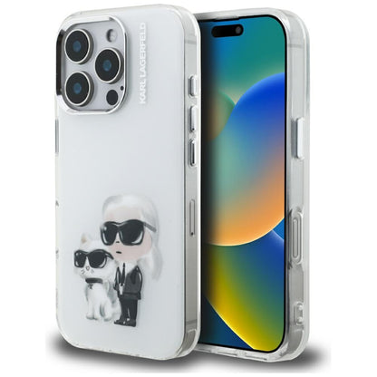 Hülle für Apple iPhone 16 Pro Max, Karl Lagerfeld, IML Aquarelle Logo Karl & Choupette, Weiß