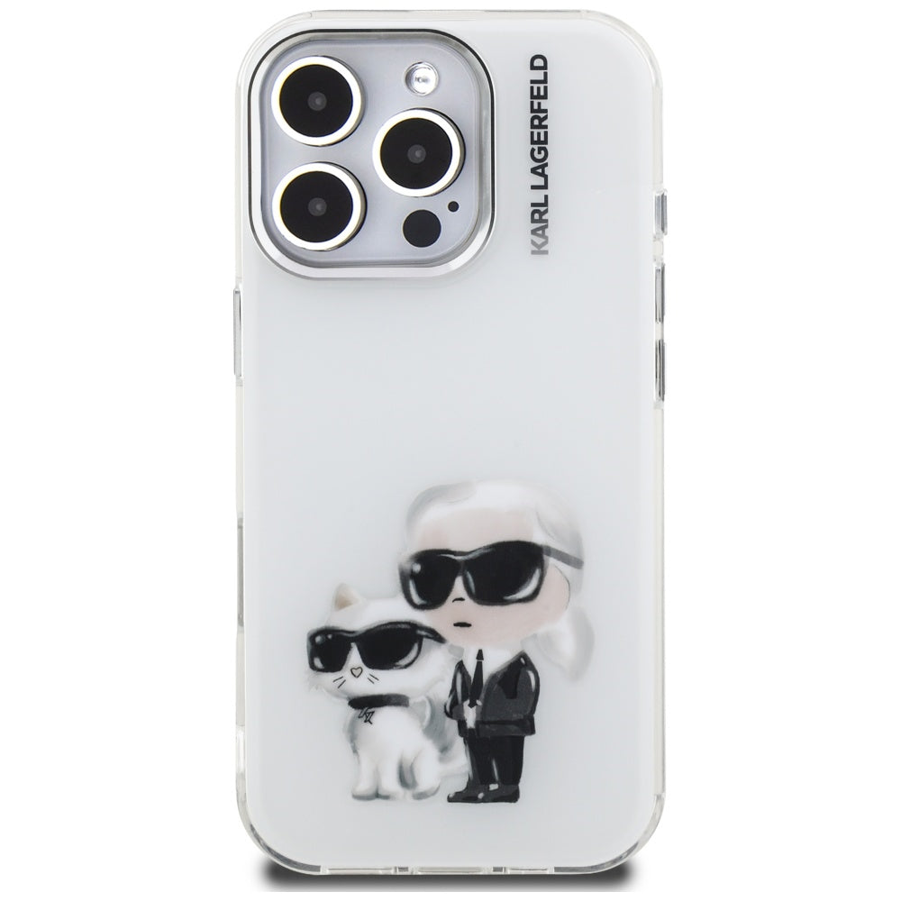 Hülle für Apple iPhone 16 Pro Max, Karl Lagerfeld, IML Aquarelle Logo Karl & Choupette, Weiß