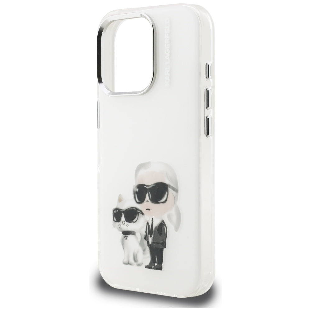Hülle für Apple iPhone 16 Pro Max, Karl Lagerfeld, IML Aquarelle Logo Karl & Choupette, Weiß