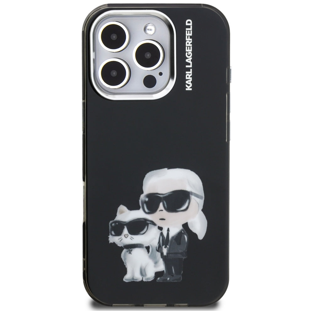 Hülle für Apple iPhone 16 Pro Max, Karl Lagerfeld, IML Aquarelle Logo Karl & Choupette, Schwarz
