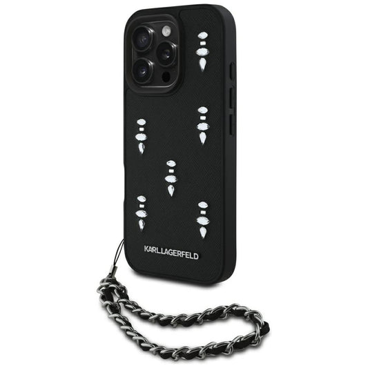 Hülle für Apple iPhone 16 Pro Max, Karl Lagerfeld, Saffiano Crystals & Charm, Schwarz