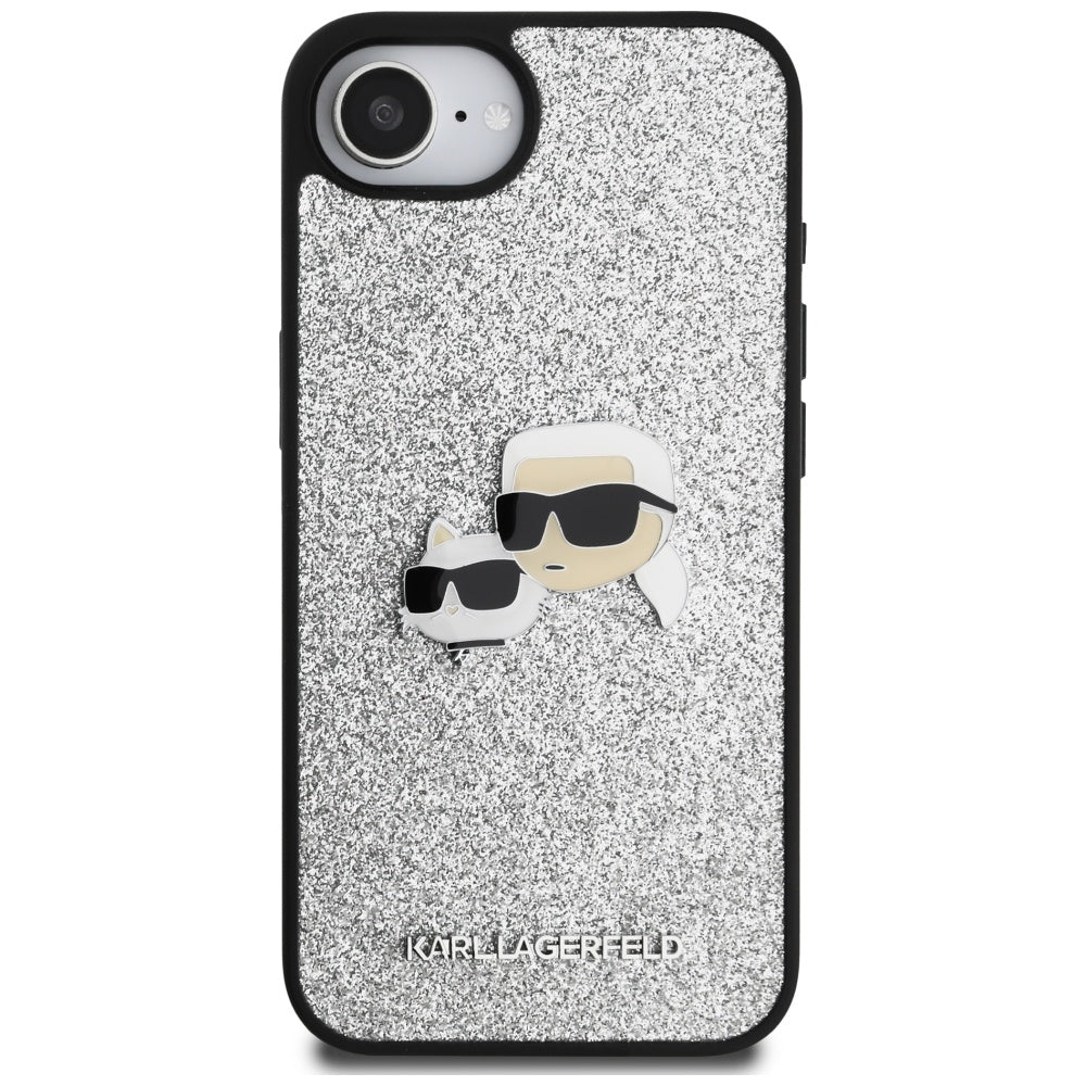 Case for Apple iPhone 16e, Karl Lagerfeld, Glitter Fixed Karl & Choupette's Heads, Silver