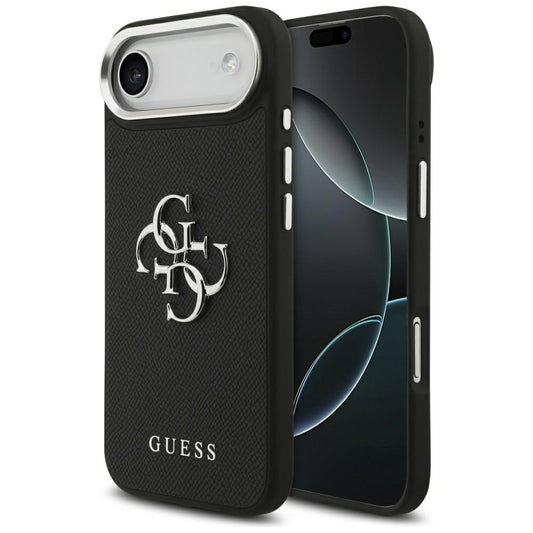 Hülle für Apple iPhone 17 Air, Guess, 4G Grained Big and Classic Logo, Schwarz Silbern