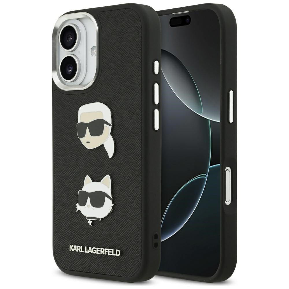 Hülle für Apple iPhone 17, Karl Lagerfeld, Grained Karl & Choupette's Heads Pins and Logo, Schwarz