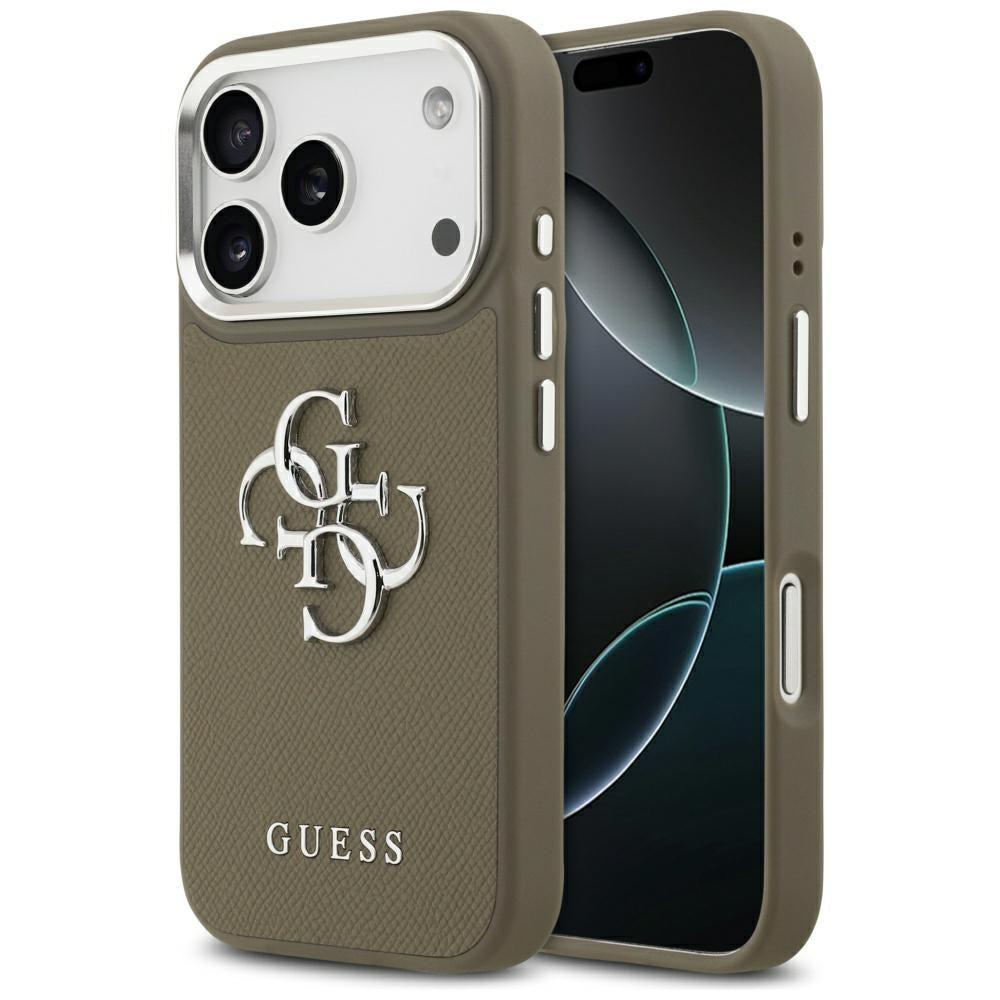 Case for Apple iPhone 17 Pro, Guess, 4G Grained Big And Classic Logo, Silver Brown