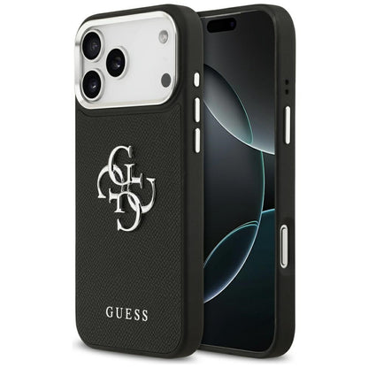 Hülle für Apple iPhone 17 Pro, Guess, 4G Grained Big and Classic Logo, Schwarz Silbern