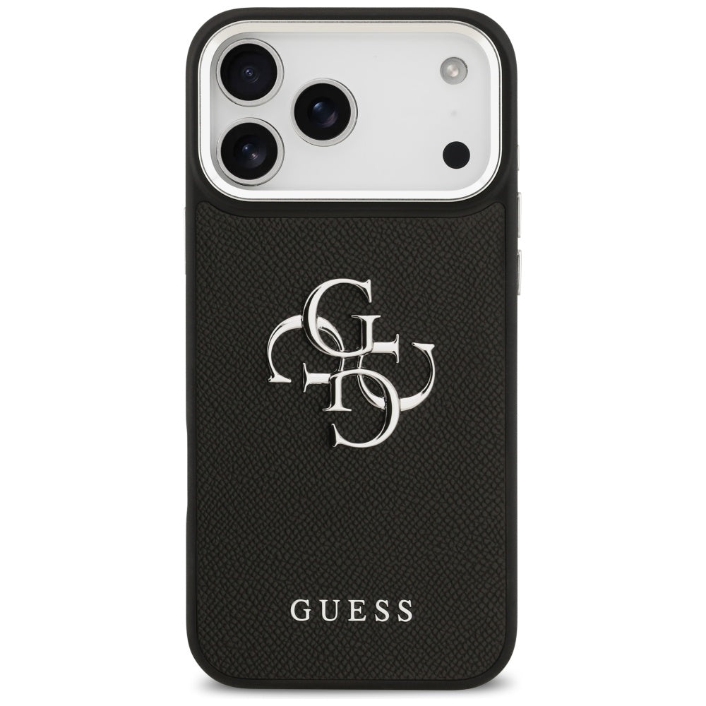 Hülle für Apple iPhone 17 Pro, Guess, 4G Grained Big and Classic Logo, Schwarz Silbern