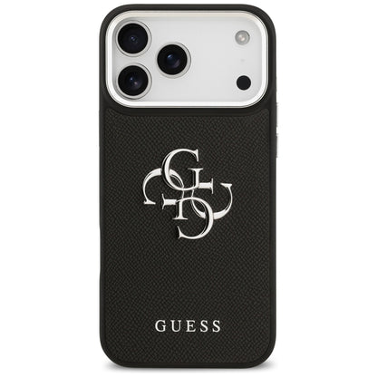 Hülle für Apple iPhone 17 Pro, Guess, 4G Grained Big and Classic Logo, Schwarz Silbern
