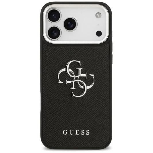 Hülle für Apple iPhone 17 Pro, Guess, 4G Grained Big and Classic Logo, Schwarz Silbern