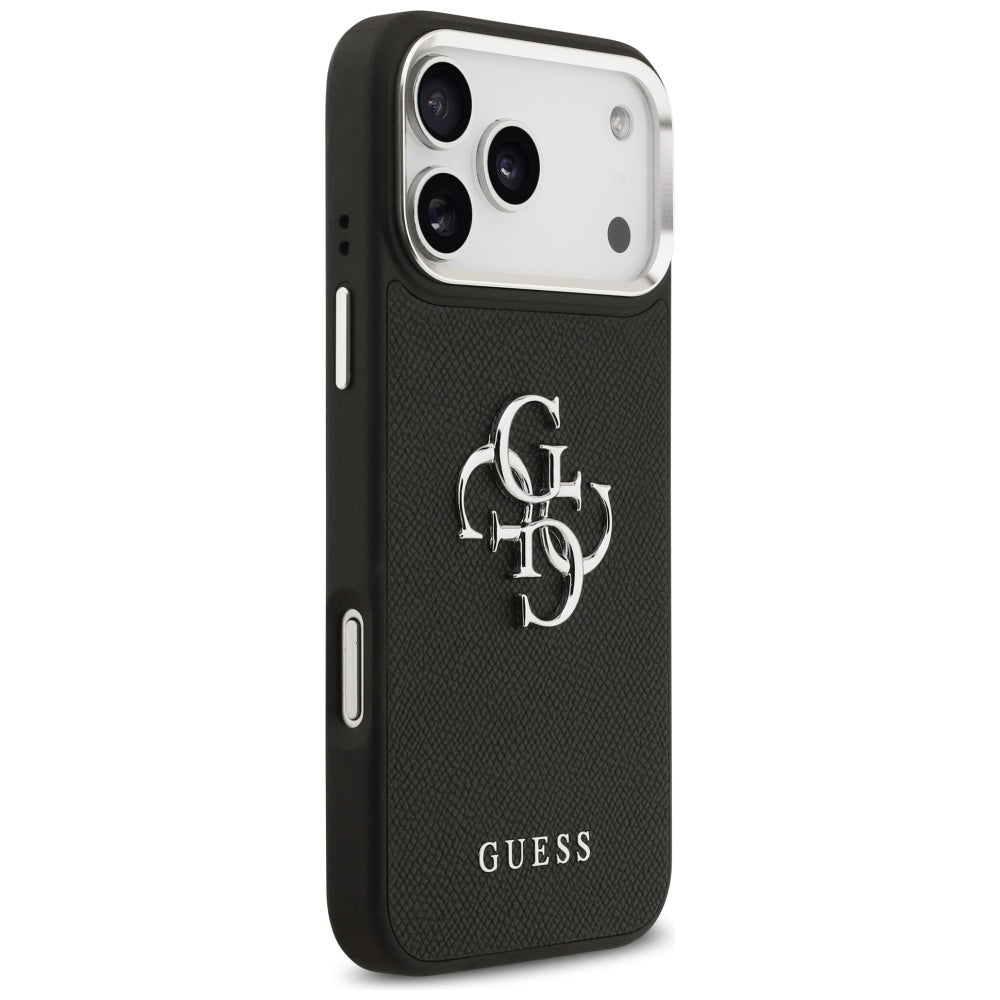 Hülle für Apple iPhone 17 Pro, Guess, 4G Grained Big and Classic Logo, Schwarz Silbern