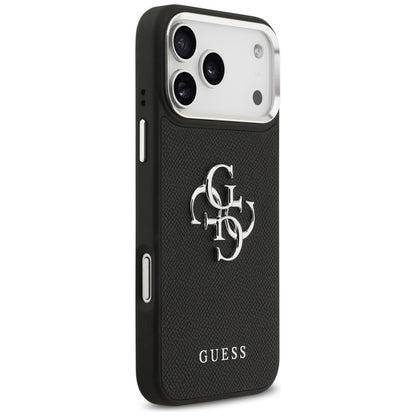Hülle für Apple iPhone 17 Pro, Guess, 4G Grained Big and Classic Logo, Schwarz Silbern