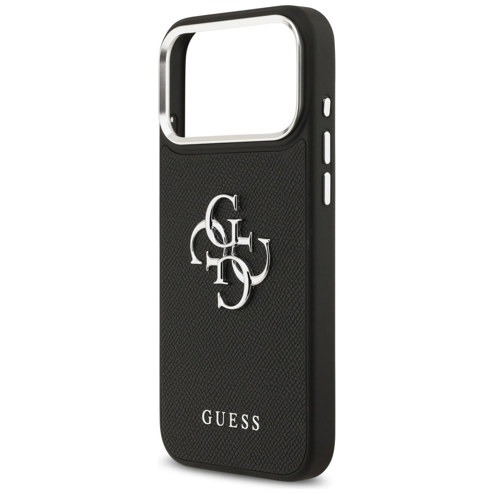 Hülle für Apple iPhone 17 Pro, Guess, 4G Grained Big and Classic Logo, Schwarz Silbern