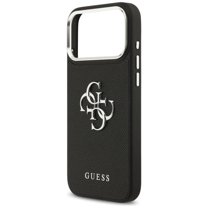 Hülle für Apple iPhone 17 Pro, Guess, 4G Grained Big and Classic Logo, Schwarz Silbern