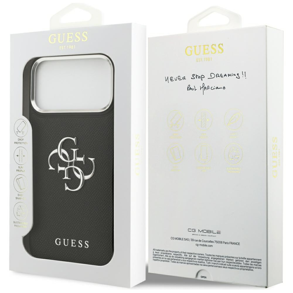 Hülle für Apple iPhone 17 Pro, Guess, 4G Grained Big and Classic Logo, Schwarz Silbern