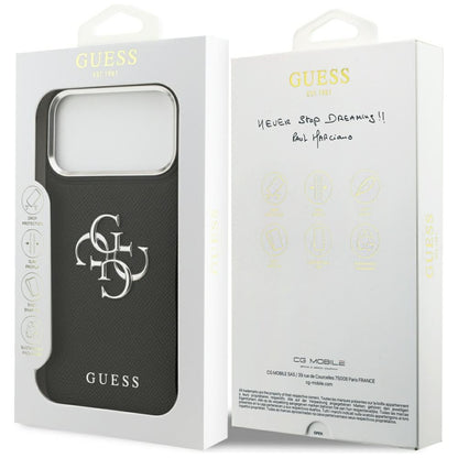 Hülle für Apple iPhone 17 Pro, Guess, 4G Grained Big and Classic Logo, Schwarz Silbern